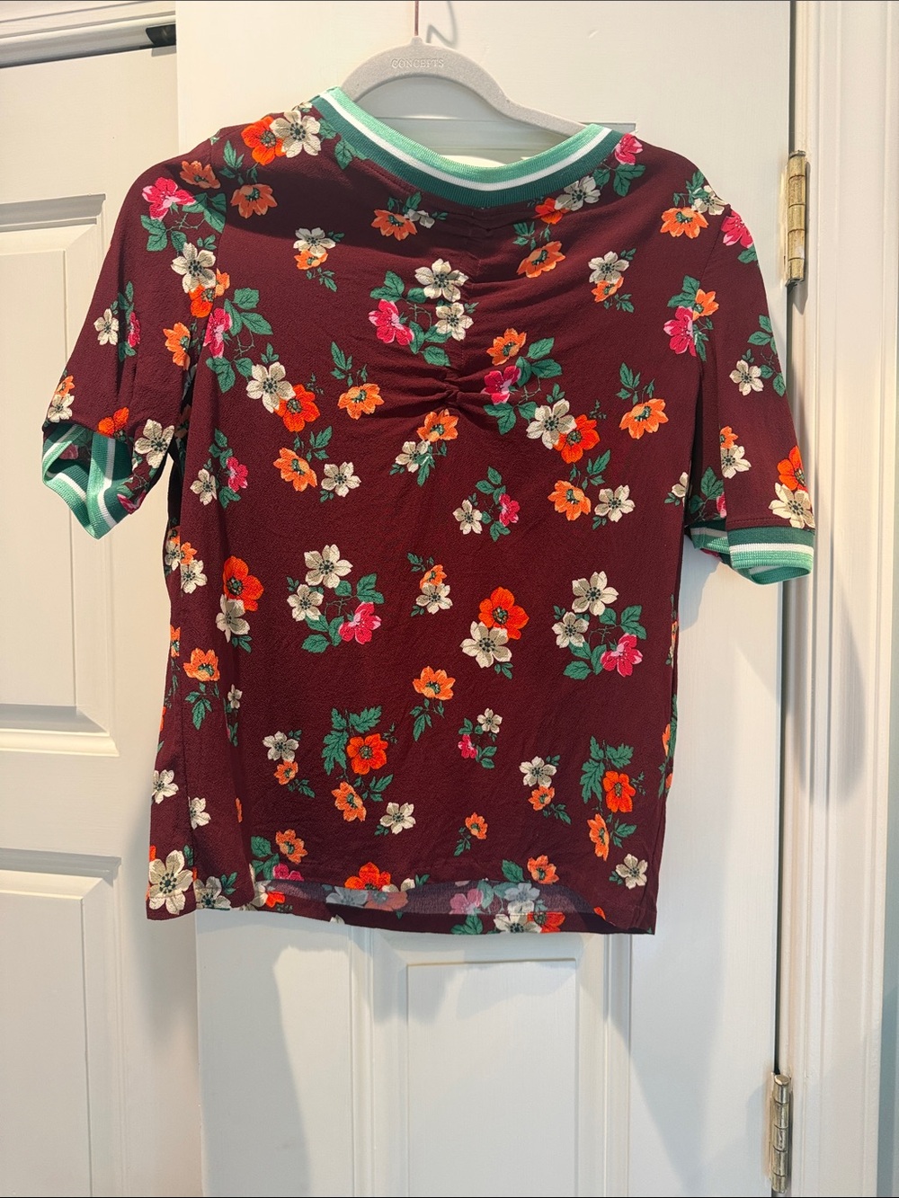 Maje Burgundy Floral Short Sleeve Tee with Mint-Trim Accents